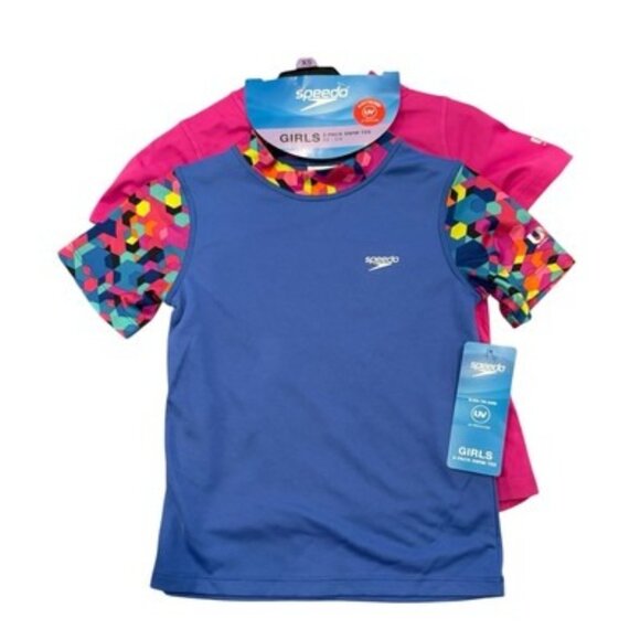 Speedo Girl's XS 5 6 UV Swim Tee Shirt Rash Guard Short Sleeve 2 Tops X Small T2 - Picture 1 of 8